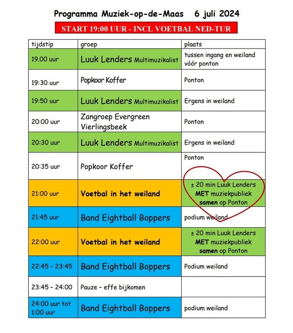 Aangepast programma Muziek op de Maas inclusief (voetbal)TV schermen